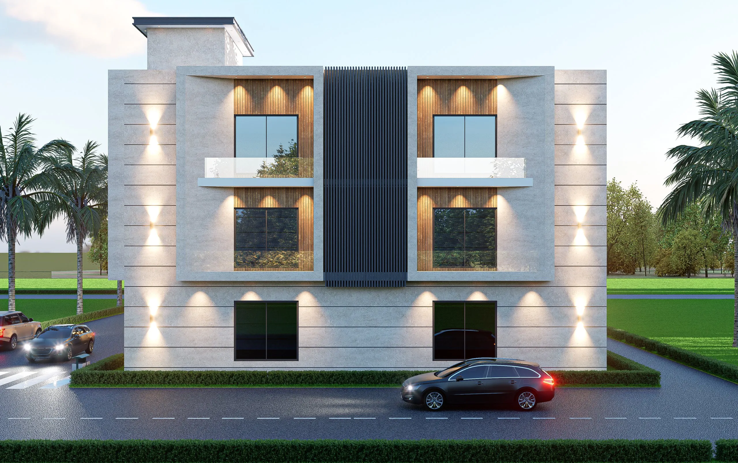 Corner townhouse with timber-clad bays and glass balconies