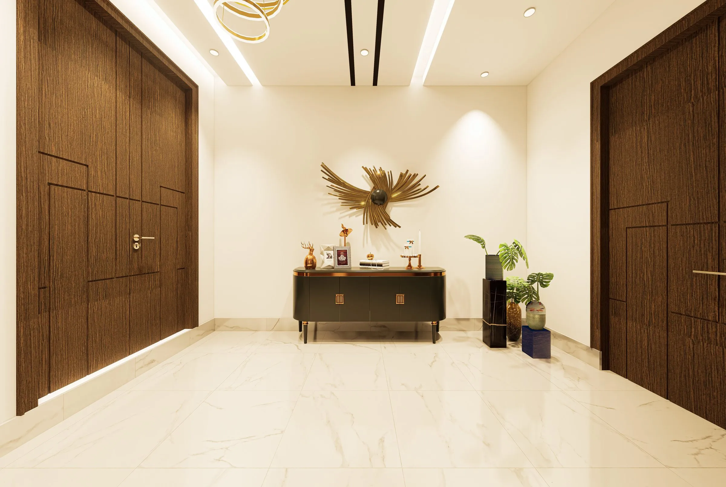 Entrance foyer with a console table and gold wall art