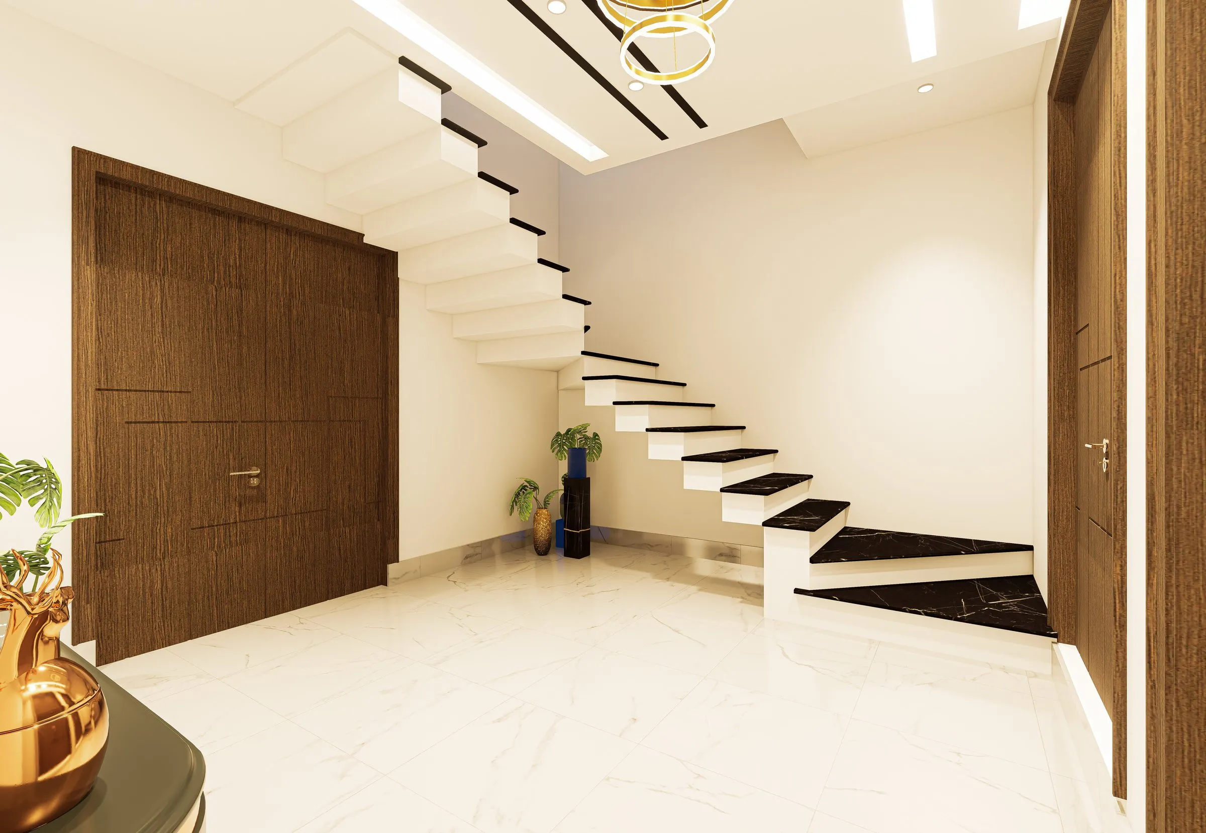 Entrance hall with a floating staircase and walnut-tone doors