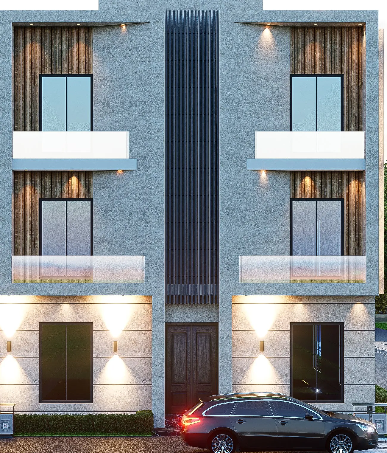 Front elevation of a Luxury Pine Villas townhouse at dusk