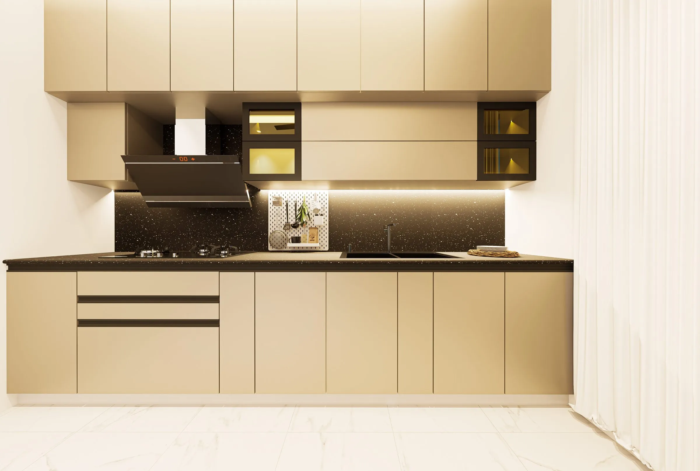 Modern kitchen with beige cabinets, black worktop and chimney hood