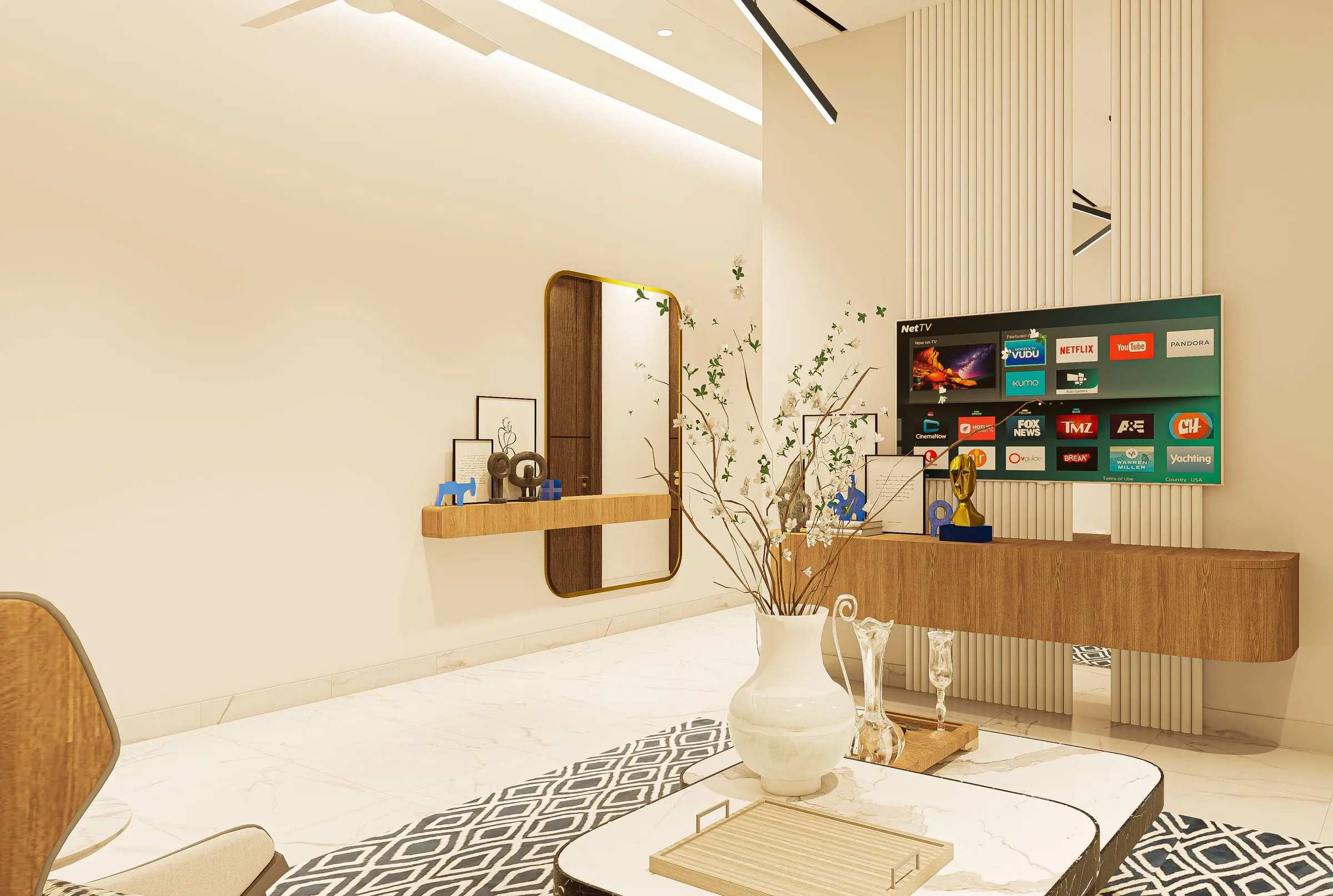 Lounge media wall with timber console