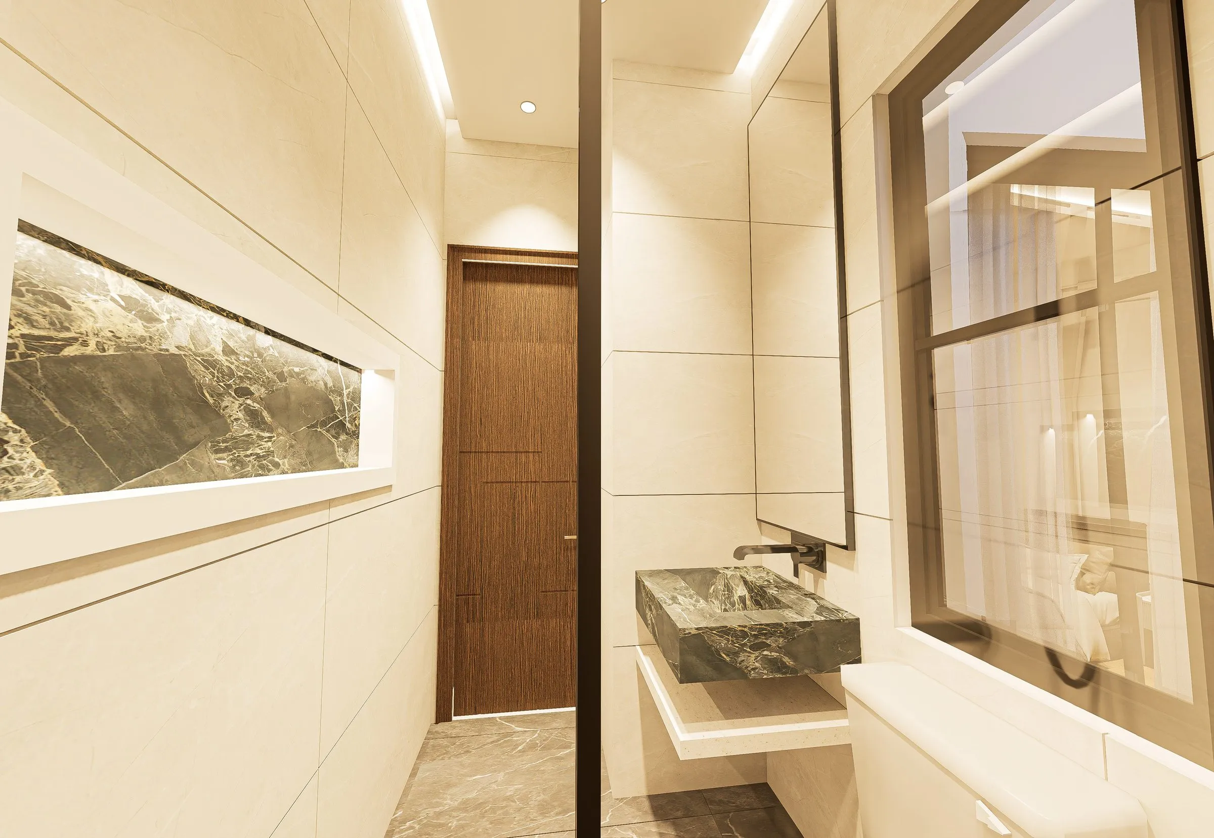 Bathroom vanity with a marble basin and backlit mirror niche