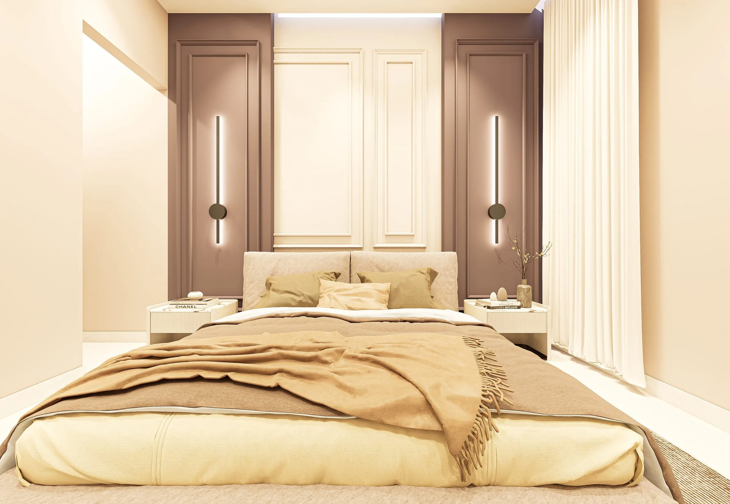 Master bedroom with mauve wall panels, linear lights and upholstered bed