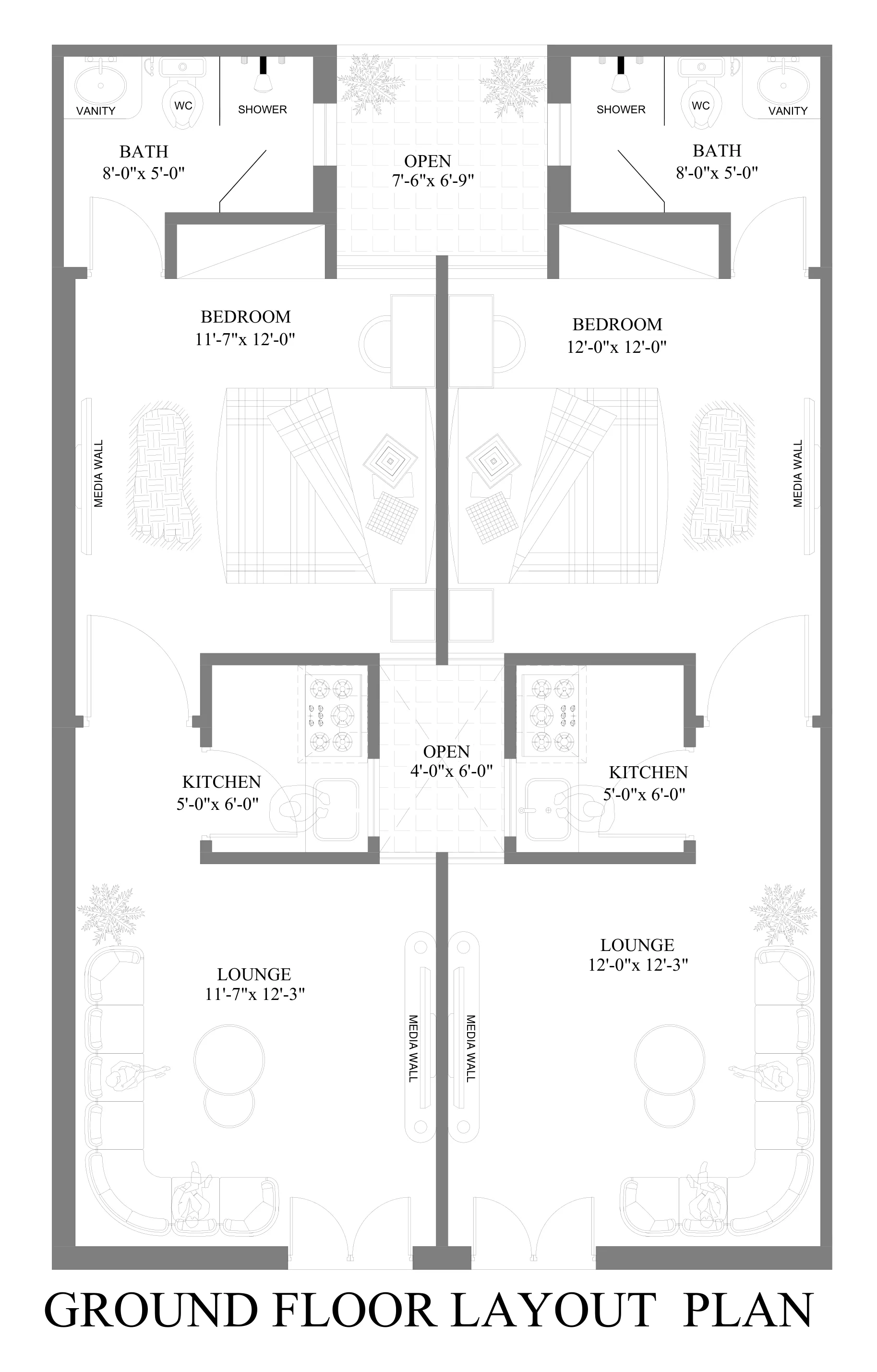 Floor plan of a pair of 1-bed apartments with lounge, bedroom, kitchen and bathroom
