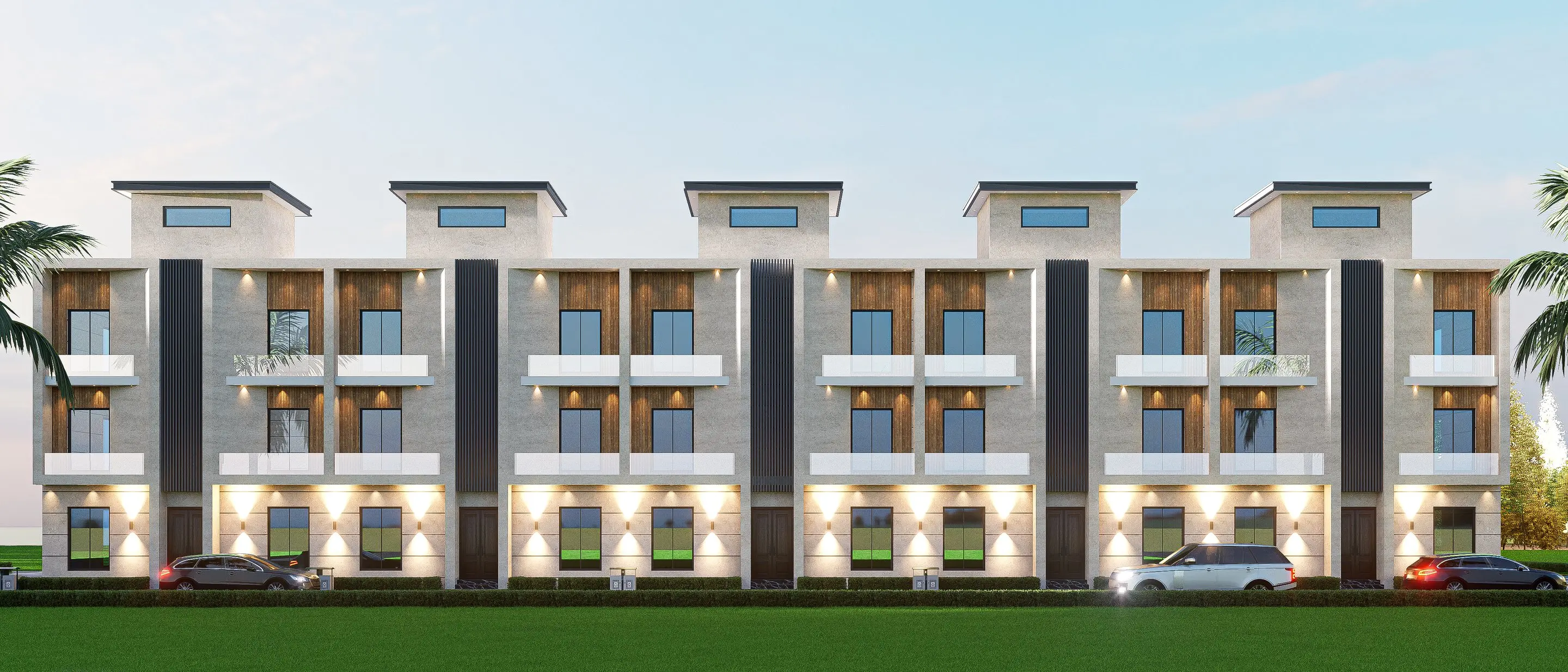 Panoramic elevation of five contemporary Luxury Pine Villas townhouses