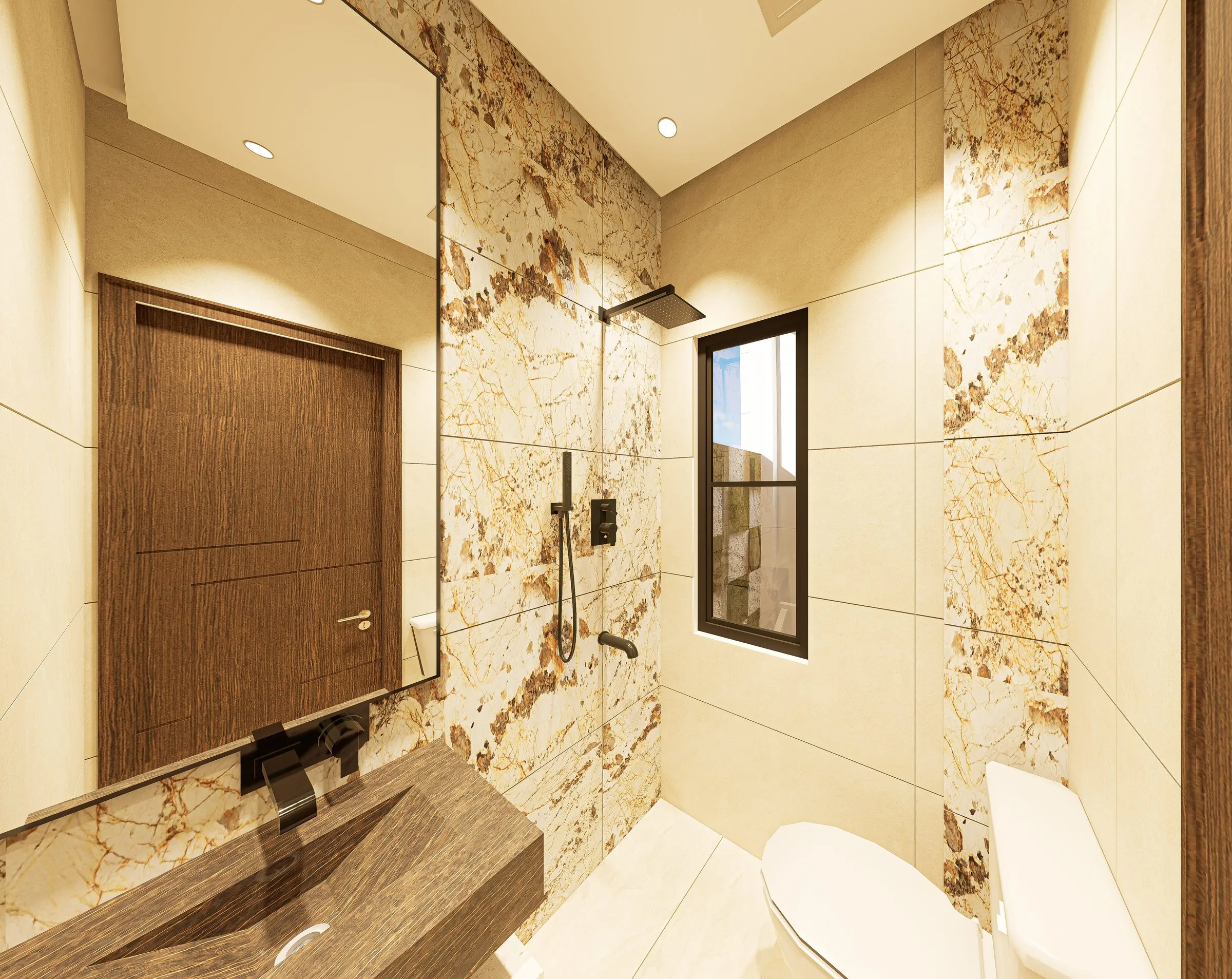 Bathroom with a marble-clad rain shower, black fittings and a window for natural light