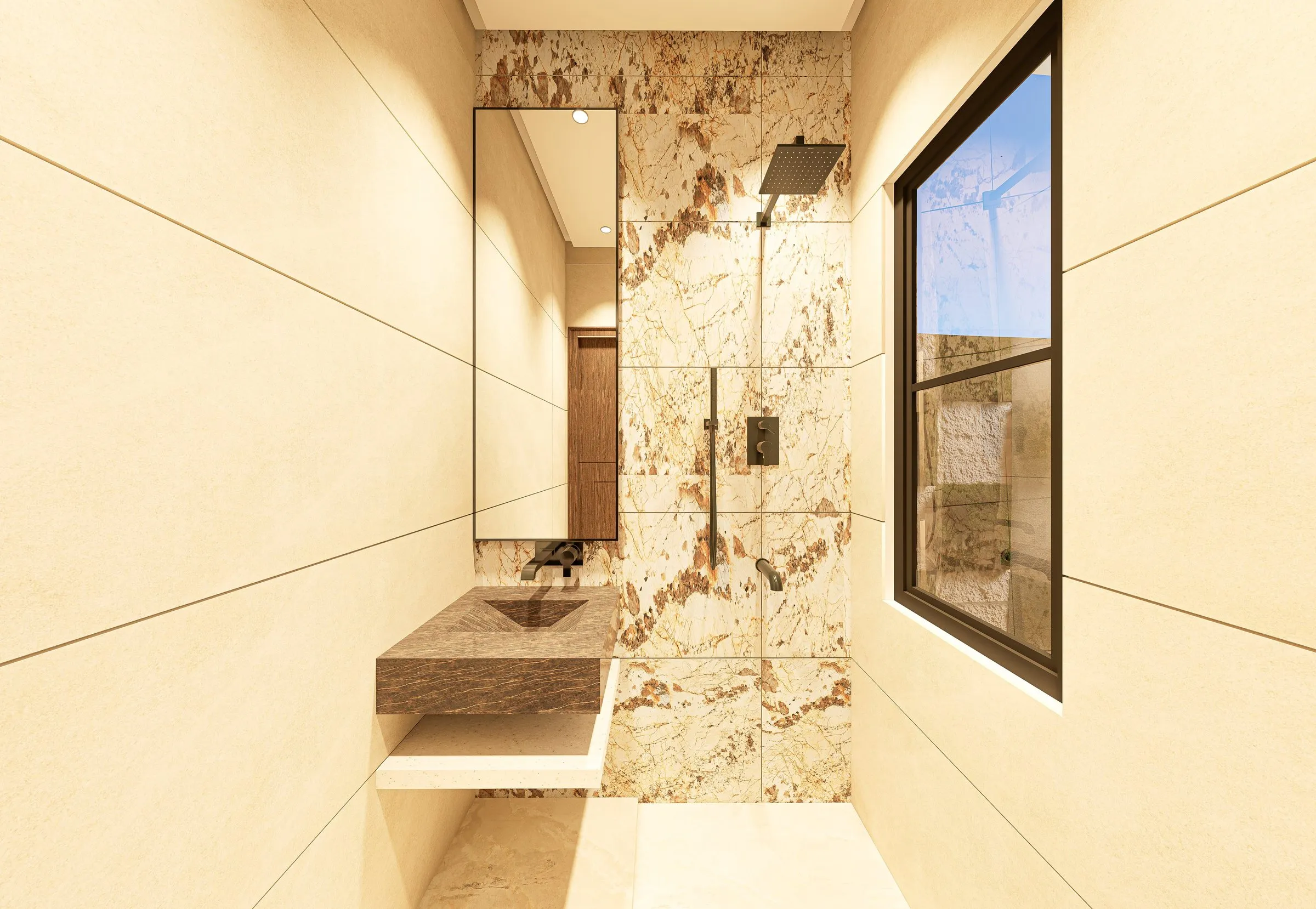 Bathroom with gold-veined marble walls, floating stone basin and rain shower