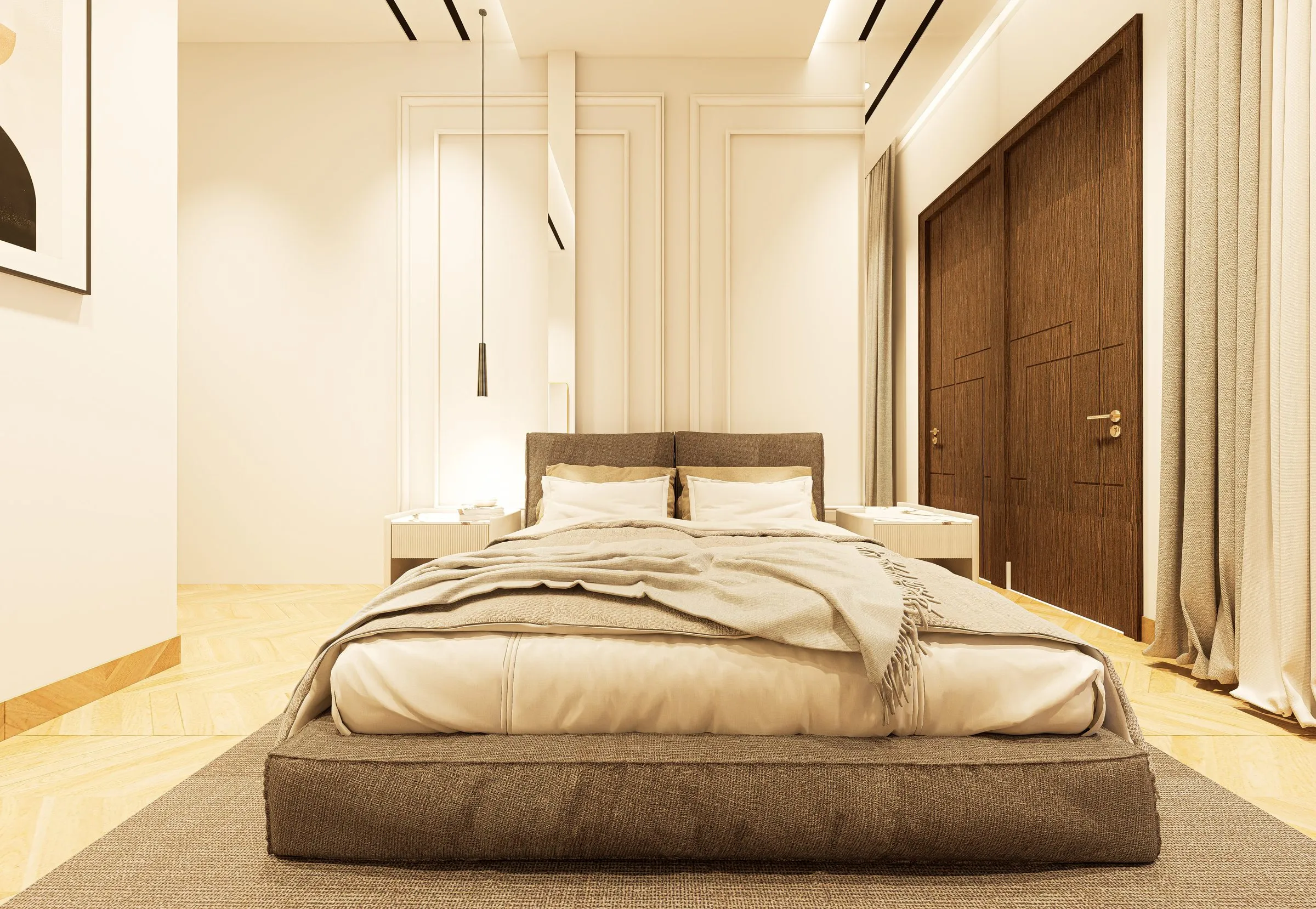 Second bedroom with herringbone flooring, grey upholstered bed and wardrobe