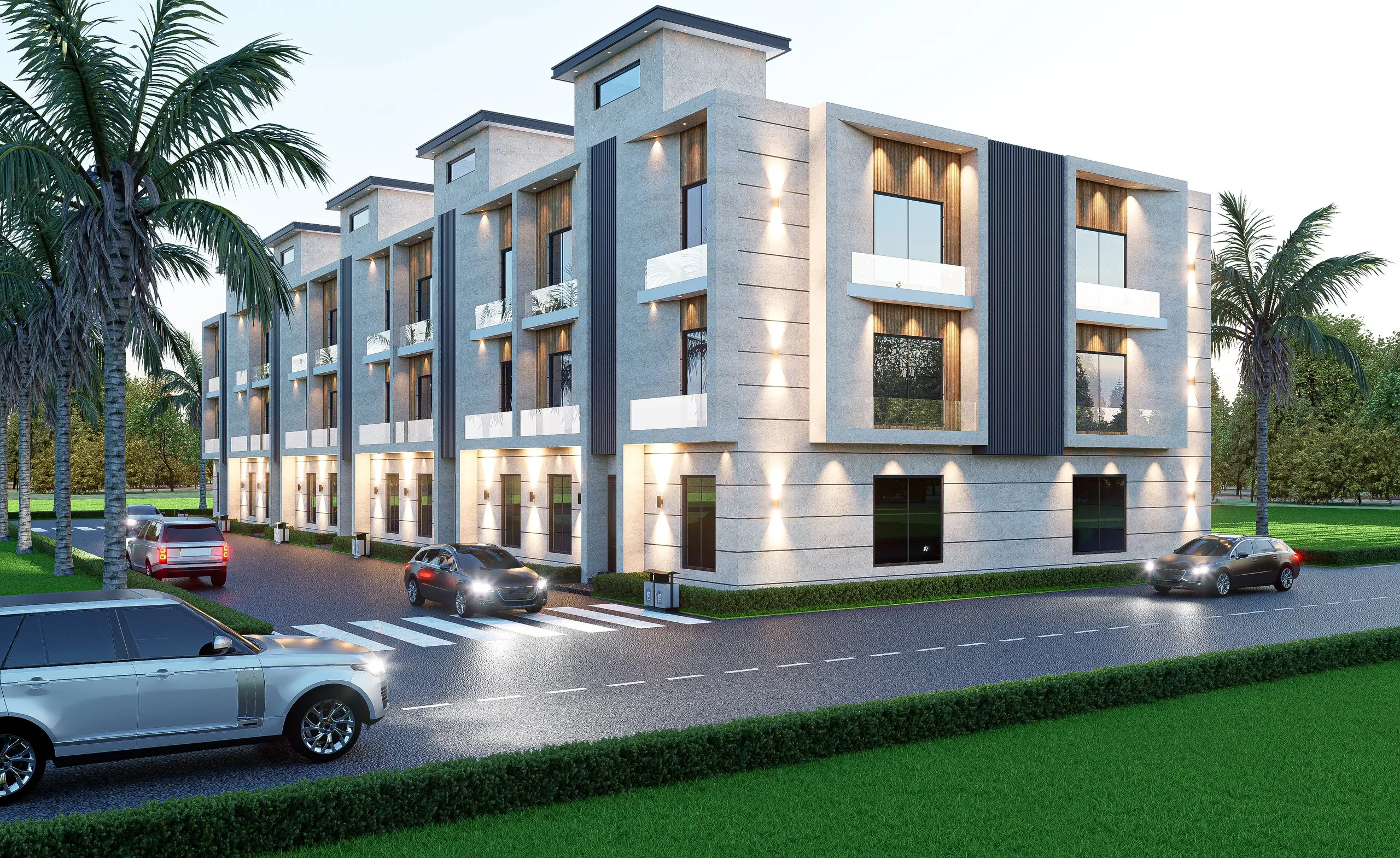 Luxury Pine Villas townhouses along a landscaped street