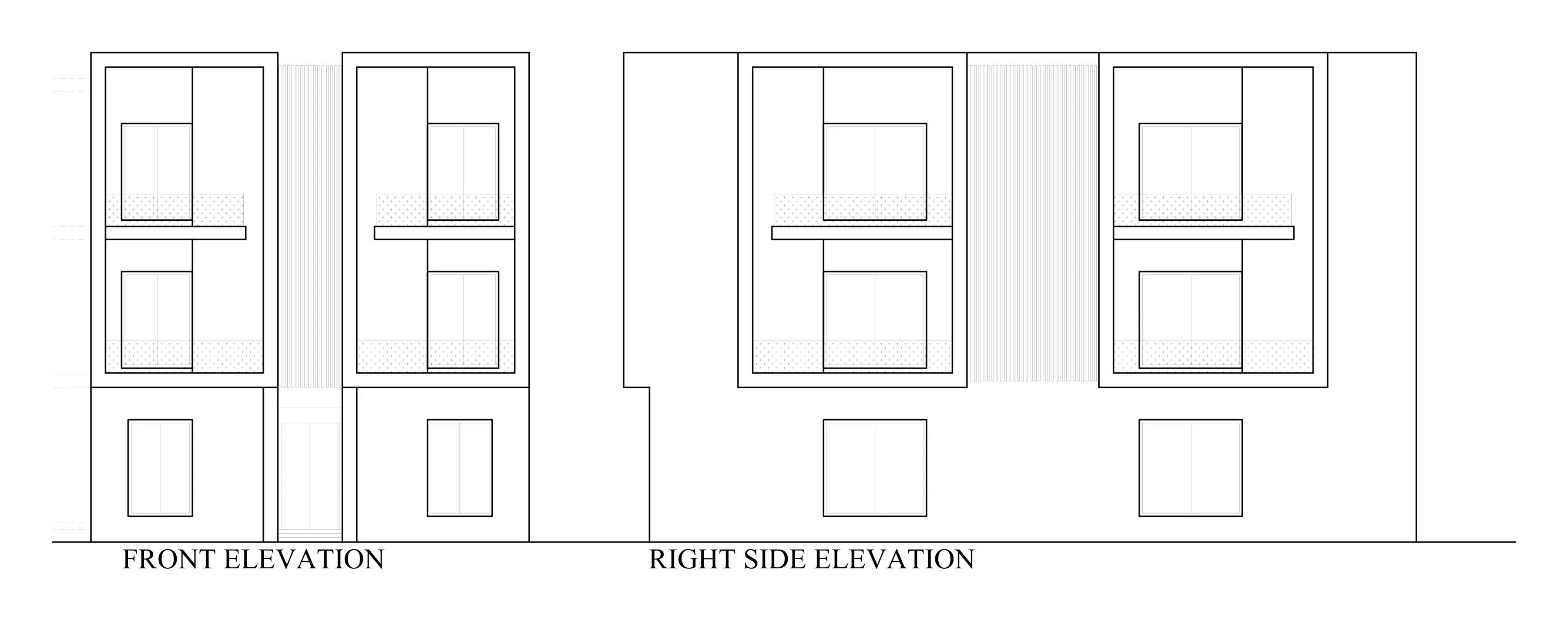 Front and right-side elevations of a three-storey 2-bed townhouse building
