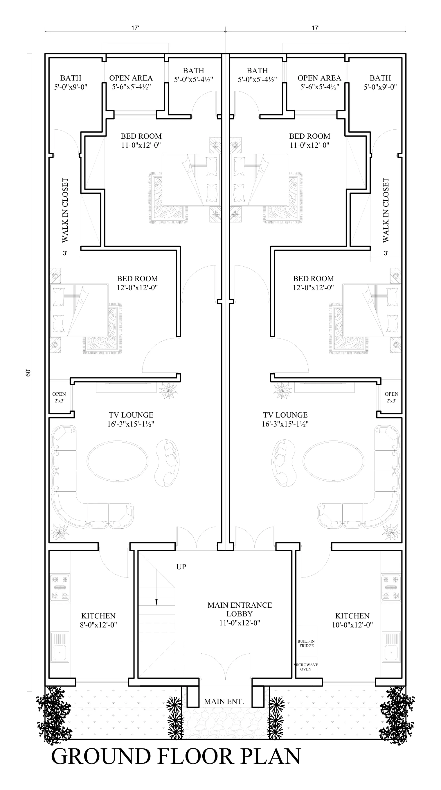 Ground floor plan of the 2-bed townhouses with lounge, two bedrooms, two bathrooms and kitchen